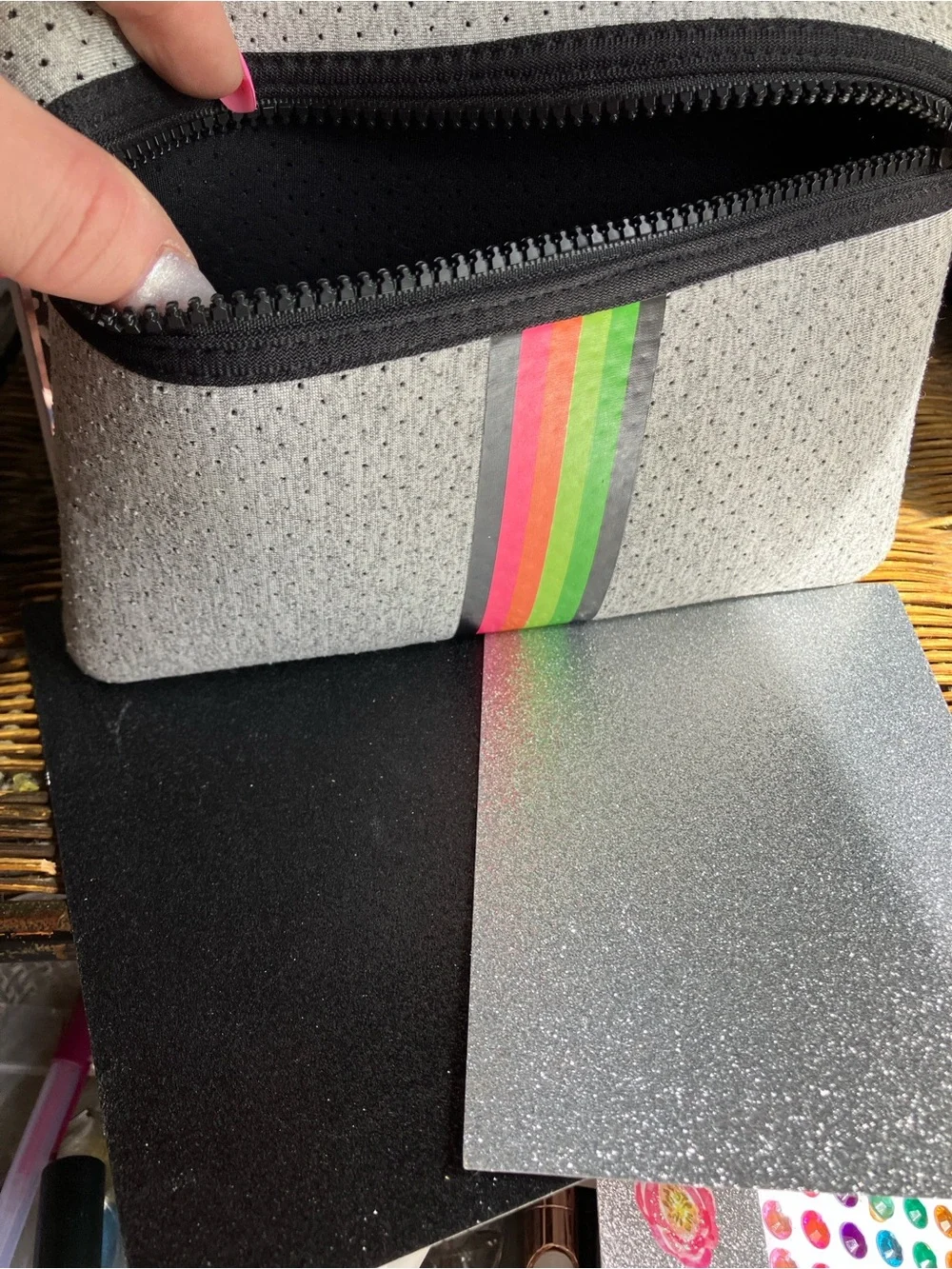 Perforated Grey Neoprene Pouch with Neon Stripe & comes with Cream & Star Balm:)